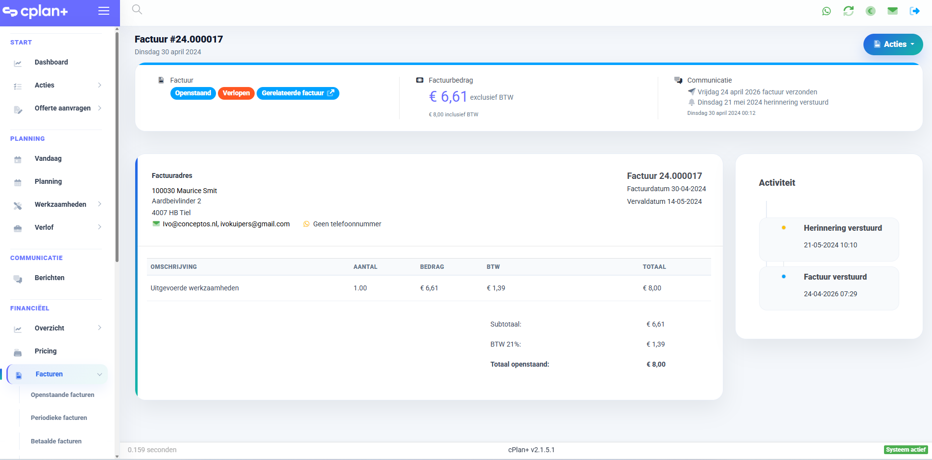 Cplan+ factuurscherm met adresgegevens, factuurregels en herinneringsstatus